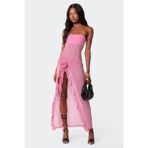 Suri Sheer Mesh Flower Pin Maxi Dress - Pink